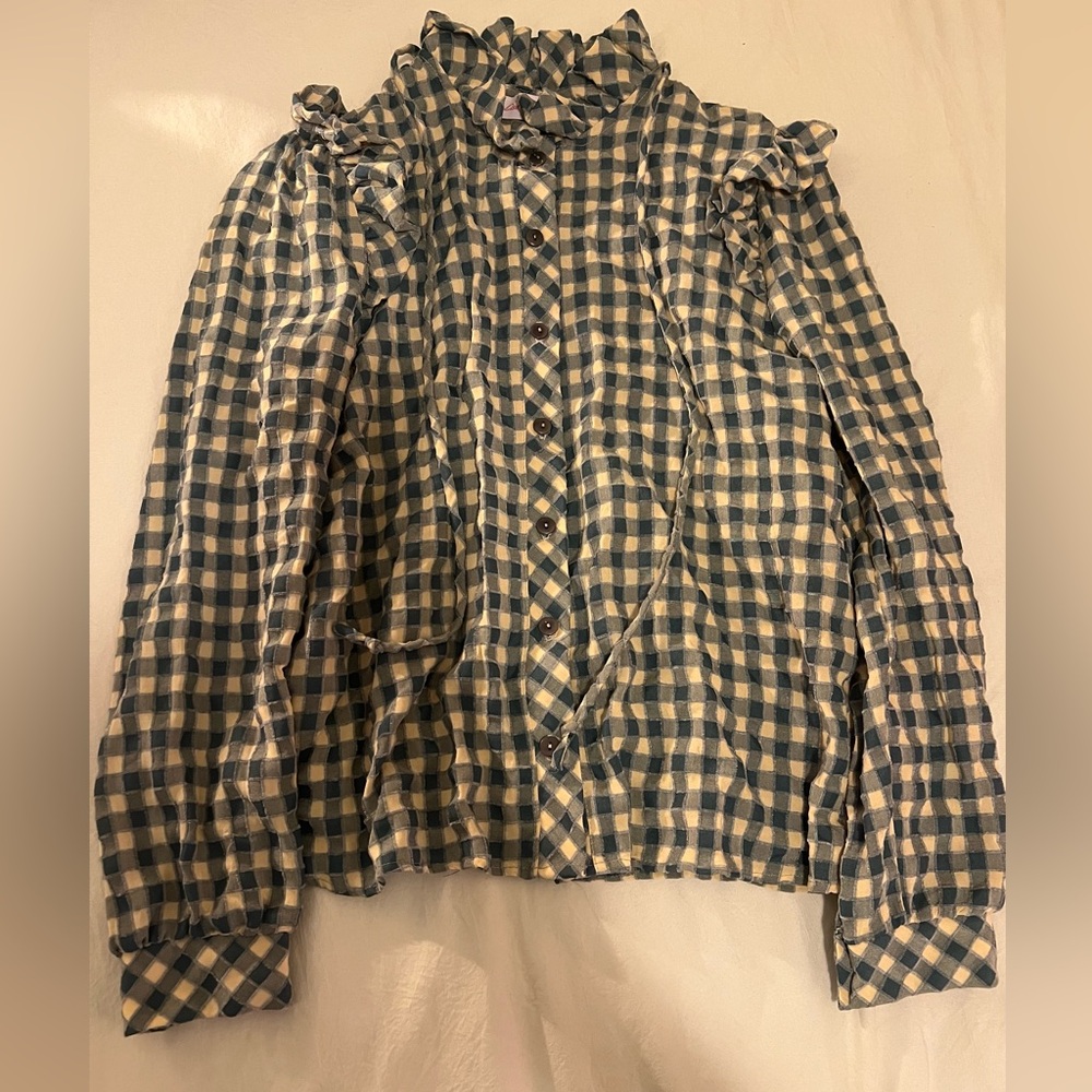 Lisa Says Gah Blue and Cream Checkered Top